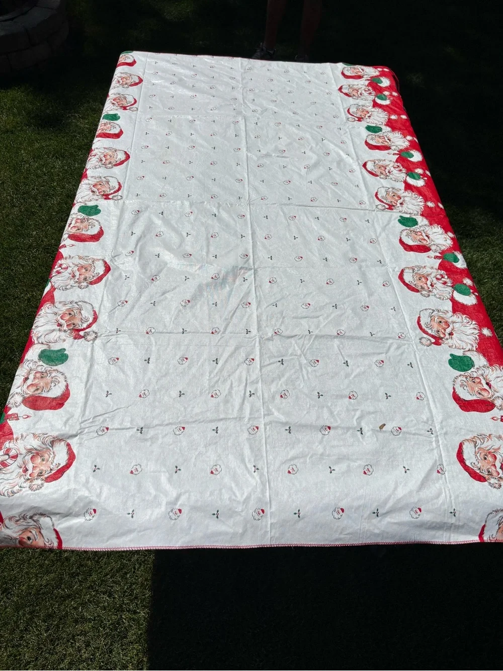 Vintage MCM Christmas Santa Claus Vinyl Tablecloth apprx 69